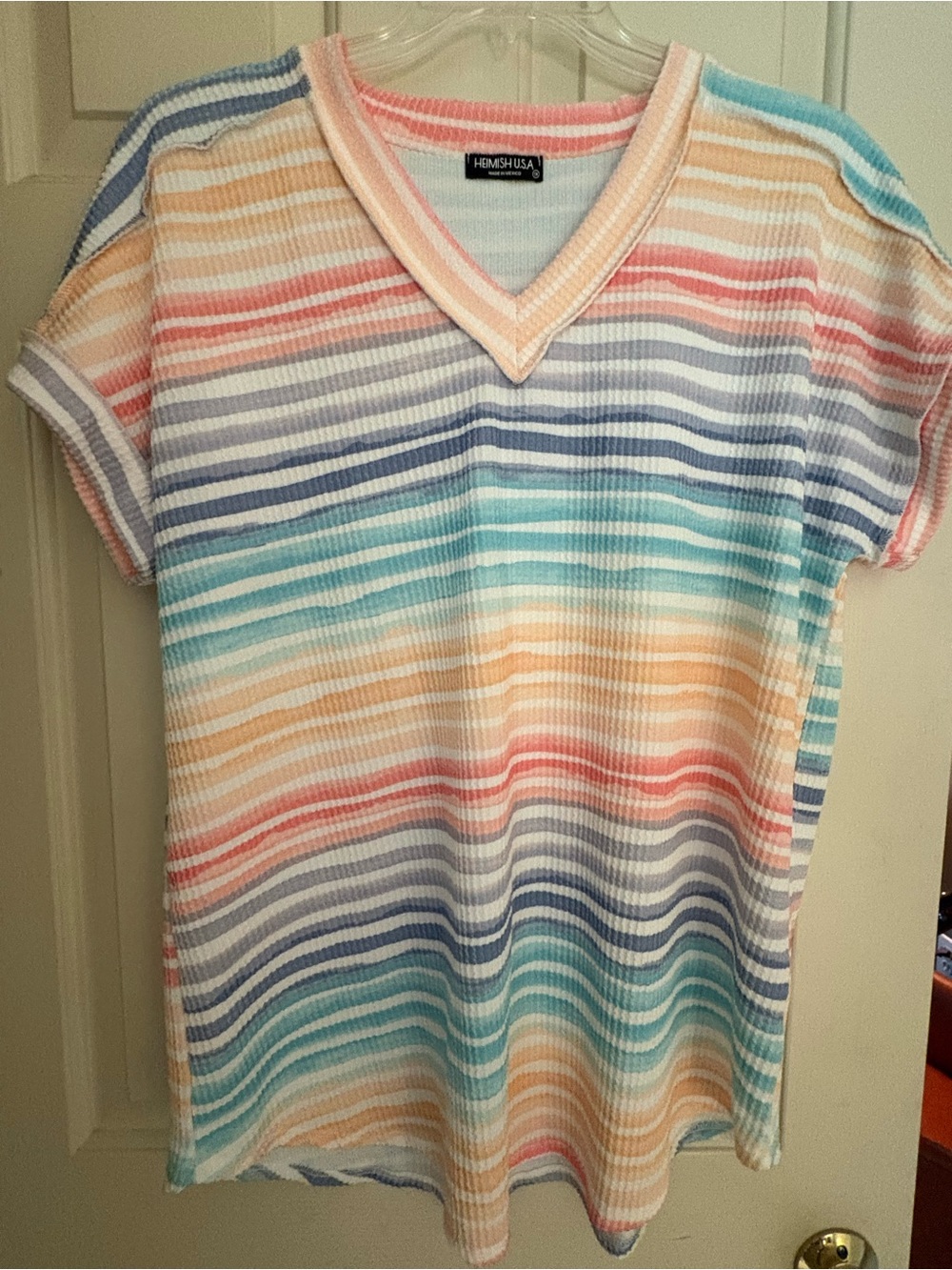 Heimish USA Size 1x V-Neck Multicolor Striped Short Sleeve Tee, NWOT